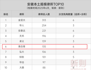 安徽青合青律师事务所荣登“2025新则年度榜单·本土规模律所TOP10”